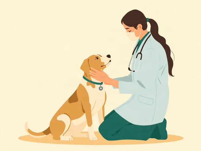 Illustration of a veterinarian kneeling beside a friendly dog