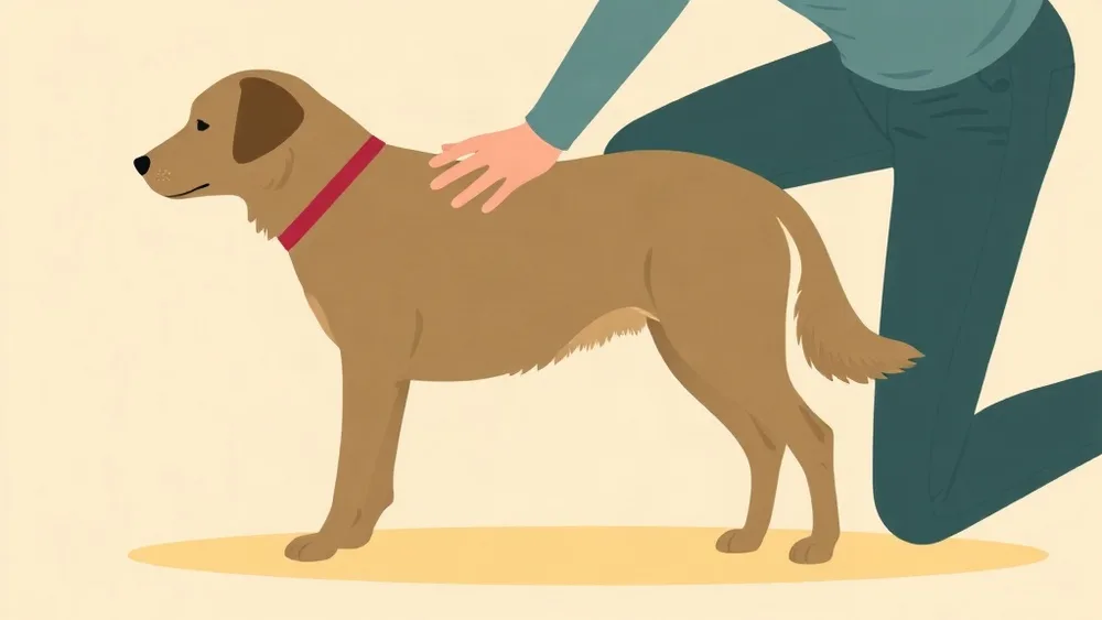 Illustration of a person running their hands along a dog’s side during a health check