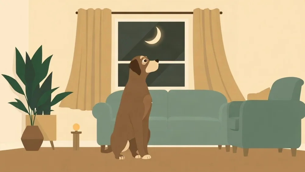 Illustration of an old dog awake at night in a quiet living room