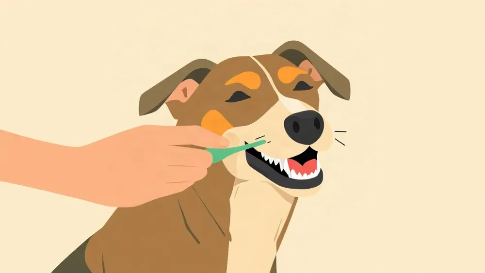 Illustration of a person brushing a dog’s teeth