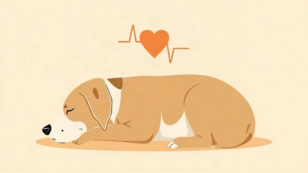 Illustration of a resting dog with a heart and pulse line above it