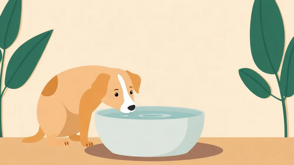 Illustration of a dog drinking from a large water bowl