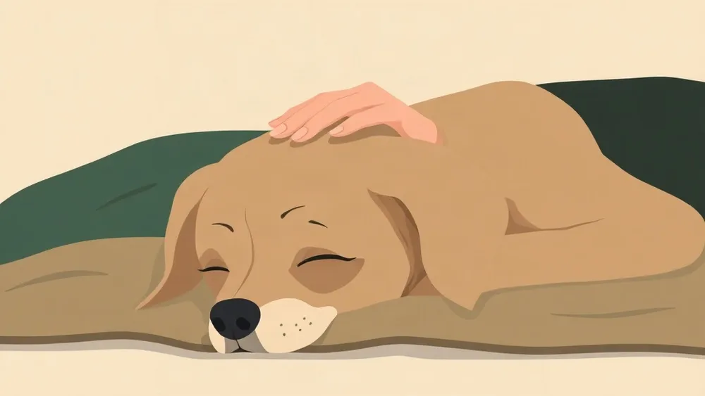 Illustration of a hand resting on the head of an old dog lying on a blanket