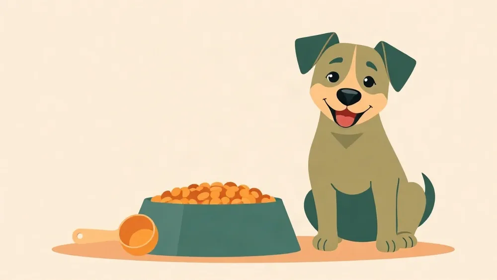 Illustration of a dog waiting beside a bowl of food and a measuring scoop