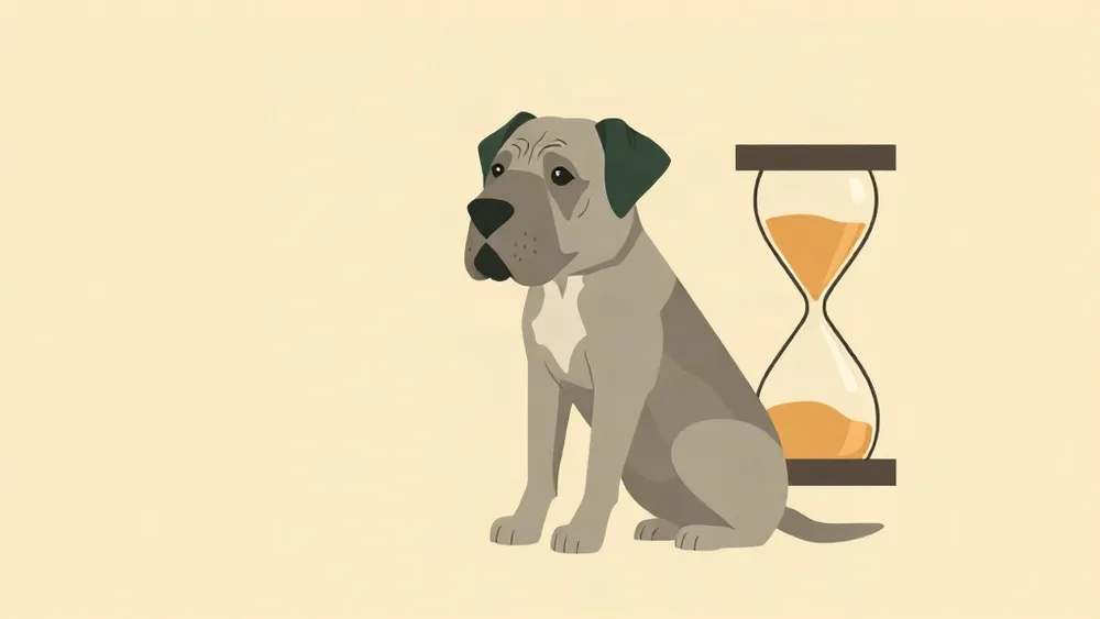 Illustration of a grey-muzzled dog sitting beside an hourglass