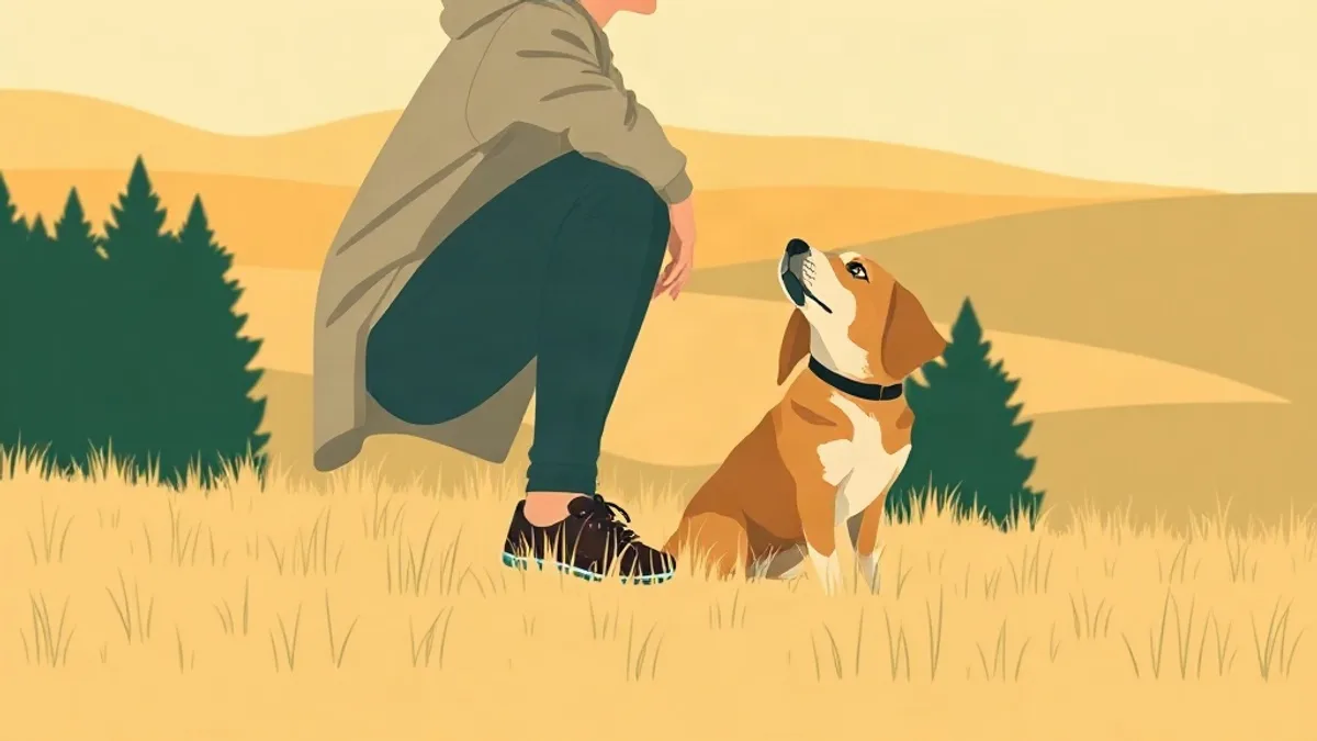 Illustration of a person crouching beside their dog on a grassy hill at golden hour